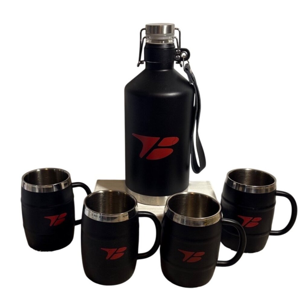64 oz Growler Stainless Steel W/ 4 Barrell Mugs Black Exterior Insulated Debco